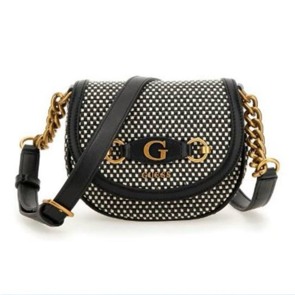 Guess Izzy Faux Leather Trim Fold Over Flap Crossbody Bag Black Women’s NWT
